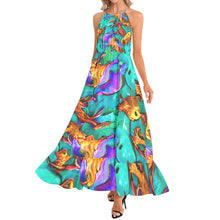 Load image into Gallery viewer, Colorful Summer Water Abstract Print Ruffle Hem Halter Neck Maxi Dress
