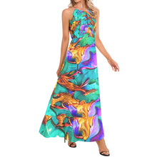 Load image into Gallery viewer, Colorful Summer Water Abstract Print Ruffle Hem Halter Neck Maxi Dress