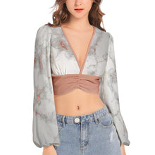 Load image into Gallery viewer, Marble Patterned Deep V-Neck Lantern Sleeve Crop Top