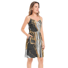 Load image into Gallery viewer, Sleeveless Summer Beach Dress Marbled pattern Black and Gold Spaghetti Strap
