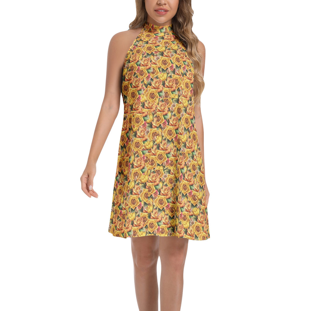 Yellow Rose Tie Back Halter Neck Flared Dress