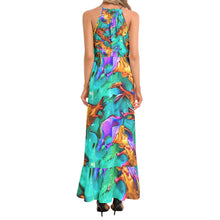 Load image into Gallery viewer, Colorful Summer Water Abstract Print Ruffle Hem Halter Neck Maxi Dress
