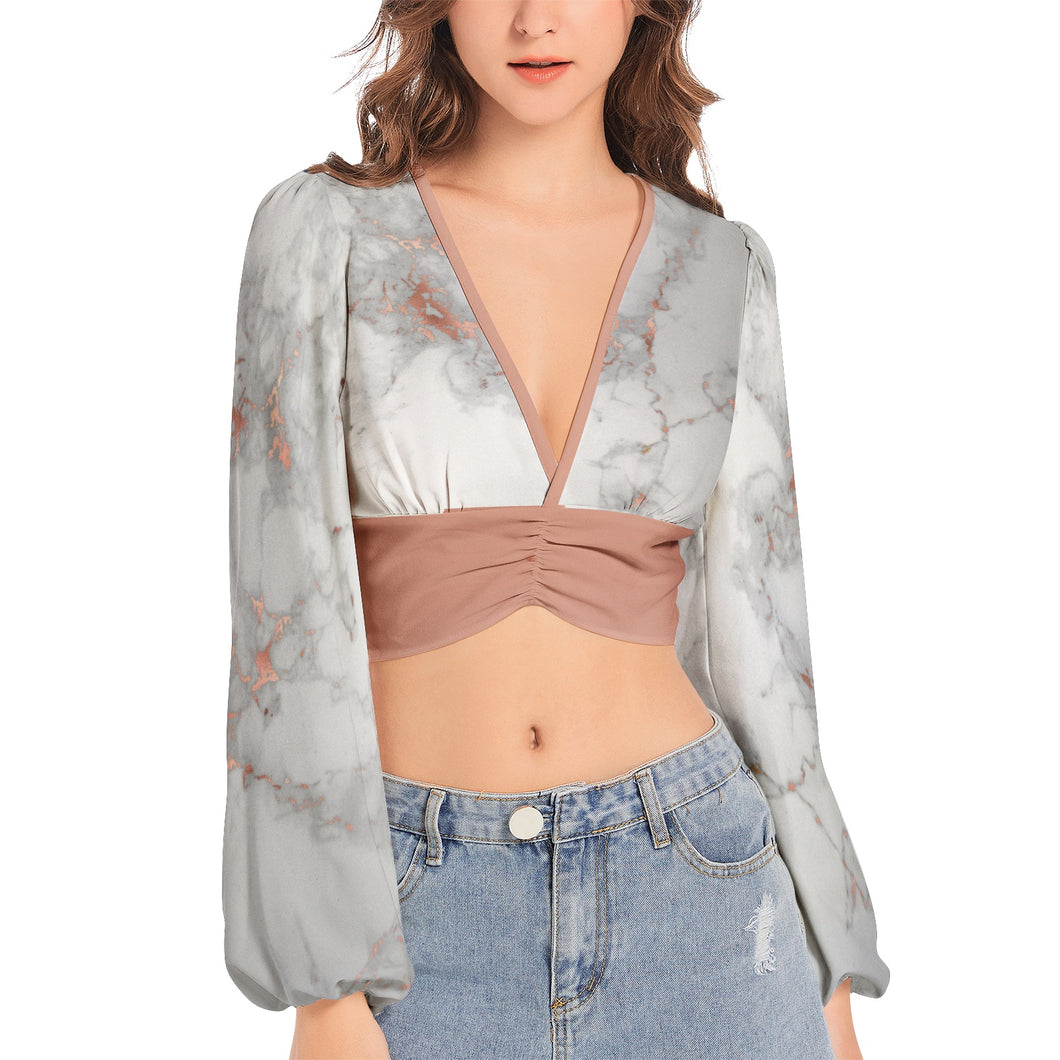 Marble Patterned Deep V-Neck Lantern Sleeve Crop Top