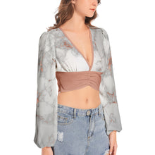 Load image into Gallery viewer, Marble Patterned Deep V-Neck Lantern Sleeve Crop Top
