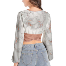 Load image into Gallery viewer, Marble Patterned Deep V-Neck Lantern Sleeve Crop Top
